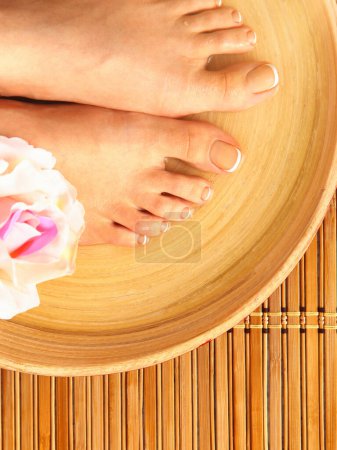 Photo for Care for beautiful woman legs on the floor. - Royalty Free Image