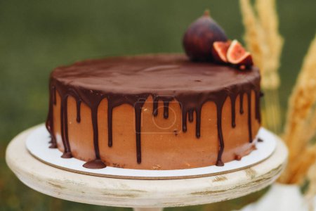 A rich chocolate cake topped with luscious figs, creating a harmonious blend of flavors and textures.