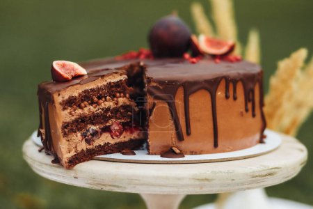 Reichhaltiger Schokoladenkuchen mit üppigen Feigen, der eine harmonische Mischung aus Aromen und Texturen schafft.