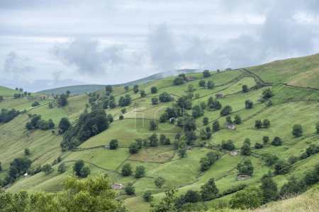 Foto de Cabañas de pastores de piedra rústica en una colina con prados verdes - Imagen libre de derechos