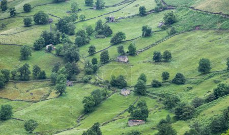 Foto de Cabañas de pastores de piedra rústica en una colina con prados verdes - Imagen libre de derechos