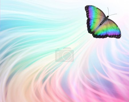 Up up and away Butterfly Soul Journey Concept - multicoloured butterfly flying off top right with rainbow coloured flowing lines trailing behind and copy space ideal for an advert, invite, memo template