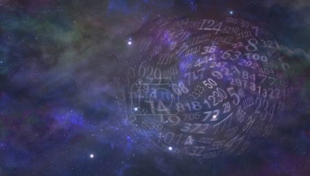 Téléchargez les photos : Modèle de thème de numérologie de nombres cosmiques aléatoires tourbillonnants - fond bleu foncé ciel nocturne avec un grand cercle de nombres circulants et copier l'espace sur le côté gauche pour le message - en image libre de droit