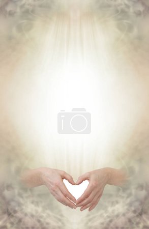 Photo for Golden Heart Hands Spiritual Healing Certificate Diploma Award Template - hands making a heart shape bottom centre and  ethereal symmetrical pale gold background frame ideal for religious or faith healing theme - Royalty Free Image