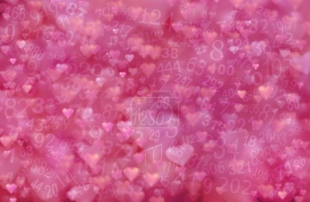 Photo for Love Hearts and Chaotic Numbers - numerology concept of red pink bokeh hearts background filled with random numbers ideal for a valentine advert, invitation, website banner template - Royalty Free Image