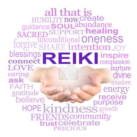 Photo for Reiki Share Healing Word Cloud circle - Healer's cupped open hands surrounded by a circle of wise healing words on a white background - Royalty Free Image