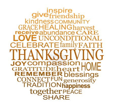 Téléchargez les photos : Célébrez le cercle de mots de Thanksgiving sur fond blanc - un nuage de mots circulaires pertinent pour la fête de ThANKSGIVING isolé sur un fond blanc - en image libre de droit