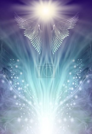 Guardian Angel Rising Up Vision - fließendes weißes Licht mit nach außen strahlenden Funkeln und schimmernden Engelsflügeln auf blaugrünem Grund darüber mit Platz für Botschaften, die ideal für ein spirituelles Thema sind