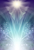Guardian Angel Rising Up Vision - flowing white light with sparkles radiating outwards and shimmering angel wings on blue green above with space for messages ideal for a spiritual theme Poster #624444142