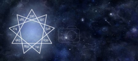 Photo for Solfeggio frequencies nine pointed star night sky message template - dark blue deep space background with a 9 point star containing the nine solfeggio frequencies and copy space for messages - Royalty Free Image