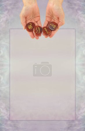 Téléchargez les photos : Reiki Certification Diploma Award template - open hands showing Reiki symbol etched carnelian stones above a pale pink grey background with neat border and large space for accreditation text - en image libre de droit