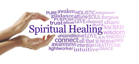 Téléchargez les photos : Spiritual healing Word Cloud on White - female healer with gently cupped hands surrounded by a purple graduated word cloud isolated on a white background - en image libre de droit