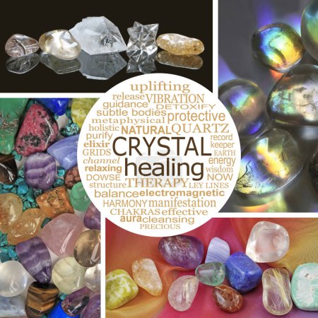 Téléchargez les photos : Crystal healing therapy word cloud  collage wall art - four different views of colourful polished precious stones around a gold circular word cloud with words relevant to crystal therapy - en image libre de droit