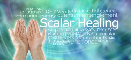 Foto de Scalar Zero Point Healing Energy Word Cloud: manos de palma abierta hembra junto a una nube de palabras SCALAR HEALING sobre un fondo de energía azul verde multicolor y llamativo - Imagen libre de derechos