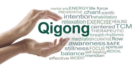 Words Associated with QiGong Word Cloud - female hands cupped around the word QIGONG surrounded by relevant words isolated on a white background