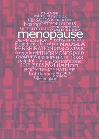 Téléchargez les photos : Words associated with the Menopause - pink grey background filled with HRT letters and a circular word cloud relevant to MENOPAUSE with copy space below - en image libre de droit