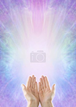 Photo for Faith Healers Blue Border Template Background - female open palm hands at bottom and Copy Space above ideal for an advert, Certificate, Diploma, Award or Reiki attunement accreditation - Royalty Free Image