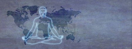 Meditating for World Healing Message Banner - pale blue glowing outline of male in lotus position with a world map behind  on rustic grey blue texture with copy space for text