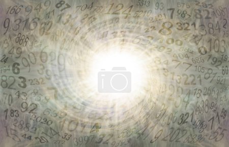 Téléchargez les photos : Modèle de numérologie en spirale dorée - nombres aléatoires tirés dans un vortex central blanc chaud brillant idéal pour un thème de numérologie - en image libre de droit