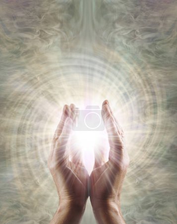 Male Reiki Healing Hands Kundalini Energy Background - male parallel hands with white star light between against a spinning vortex copy space background ideal for a spiritual holistic healing theme