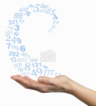 Concepto de numerología con espirales azules Números que salen de la mano: números aleatorios que se mueven en una espiral de fibonacci hacia el exterior desde una mano femenina aislada sobre un fondo blanco 