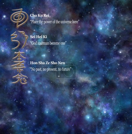 Photo for Symbols given during a Reiki attunement Template - (REIKI: Japanese words rei meaning universal, and ki, meaning vital life force energy) against celestial background with copy space for text - Royalty Free Image