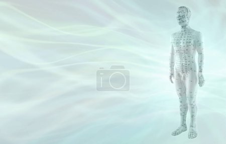 Pale Green Acupuncture Presentation Template - male training doll on right showing meridians and points with space beside for message, course content, advert or diploma, award, accreditation text