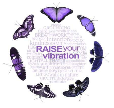 Foto de Palabras espirituales para inspirarte y elevar tu vibración Mariposa púrpura Arte mural - una perfecta nube de palabras circulares relevantes para la espiritualidad y elevar tu vibración rodeada de siete mariposas lila diferentes - Imagen libre de derechos