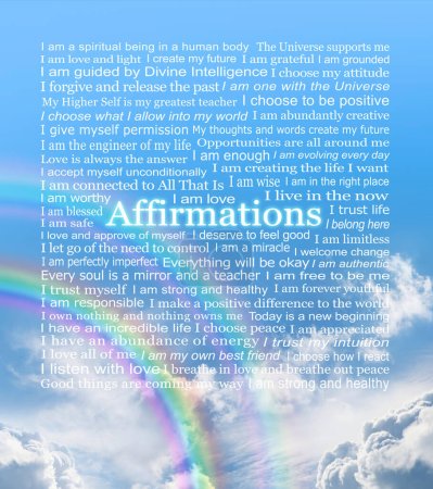 Blue sky rainbow I AM affirmations word cloud -  Self development spiritual affirmationstheme ideal for a coaster, cushion, mouse mat, wall art canvas for a holistic therapy room wall needing positive vibes