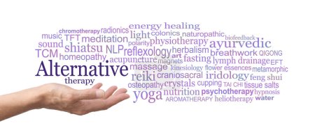 Photo for Choose from many different Alternative therapies word cloud - female therapist with open palm and an ALTERNATIVE THERAPY word tag cloud floating above against a white background - Royalty Free Image