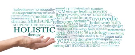 Photo for Choose from many different Holistic therapies word cloud - female therapist with open palm and an HOLISTIC THERAPY word tag cloud floating above against a white background - Royalty Free Image