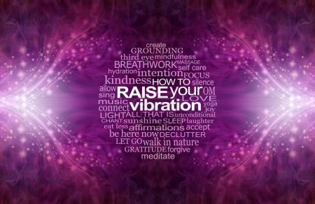 Photo for Beautiful Words to Inspire You and Raise Your Vibration Magenta  Wall Art - Deep Cerise spiritual background with sparkles and a perfect circular word cloud relevant to spirituality and raising your vibration - Royalty Free Image