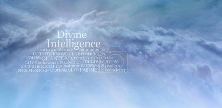 Téléchargez les photos : Divine Intelligence Sky Word Cloud Wall Art - Cloudscape bleu Arrière-plan avec un nuage de mots pertinents pour DIVINE INTELLIGENCE et l'espace de copie - en image libre de droit