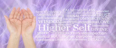 Higher Self Healing Word Cloud - female cupped hands beside a HIGHER SELF word cloud against a pale purple lilac wispy long feather background ideal for a healers therapy room wall art canvas