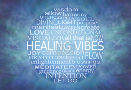 Words Associated with Healing Vibes Word Cloud Wall Art - circular word cloud relevant to HEALING VIBES on an ethereal rectangular wispy energy field background ideal for a therapy room wall 