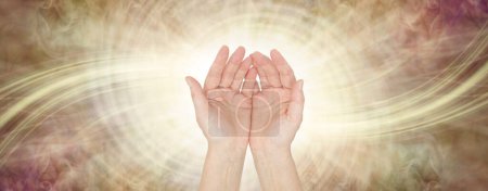 Photo for Sensing Golden Healing Life Force Energy Healing Vibes  - female open hand facing outwards against a white and gold spiralling vortex energy field background with copy space - Royalty Free Image
