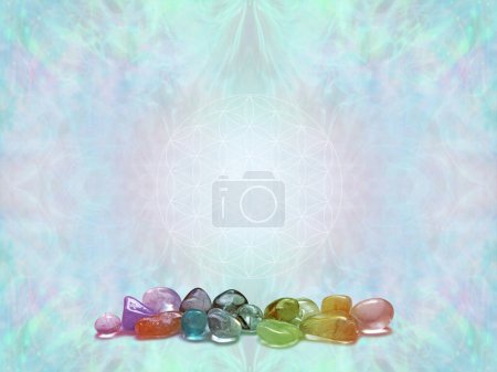 Photo for Crystal healing therapy diploma course certificate award template -  jade green ethereal symmetrical pattern background with a double row of tumbled stones along the bottom ideal for a price list, advert or invitation - Royalty Free Image