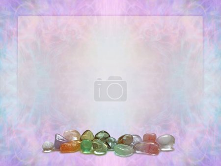 Photo for Crystal healing therapy diploma course certificate award template -  lilac and pink ethereal symmetrical framed pattern background with a double row of tumbled stones along the bottom ideal for a price list, advert or invitation - Royalty Free Image