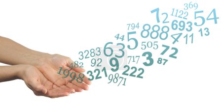 Foto de Concepto de numerología con números aleatorios que fluyen de las manos ahuecadas - números azules verdes que se mueven hacia el exterior de las manos femeninas aisladas sobre un fondo blanco - Imagen libre de derechos
