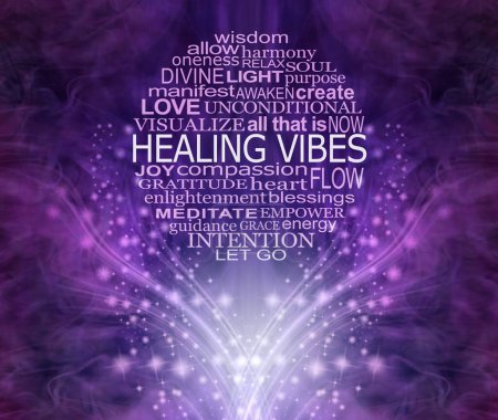 Wörter im Zusammenhang mit Purple Ray Healing Vibes Word Cloud Wall Art - kreisförmige Wortwolke relevant für HEALING VIBES auf einem funkelnden, ätherischen lila wispy Energiefeld Hintergrund, ideal für eine Wand im Therapieraum 