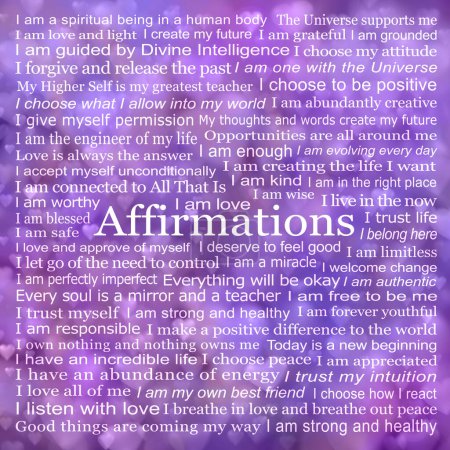 Spiritual Self Healing Affirmations Wall Art Words - pink purple lilac bokeh and hearts background filled with many affirmations based on the I AM concept ideal for a energy healers therapy room wall art canvas
