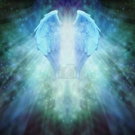 Blue Green Angel Healing Spiritual template background - a pair of feathered angelic wings with light between against a dark to light radiating green blue watery ethereal background with copy space