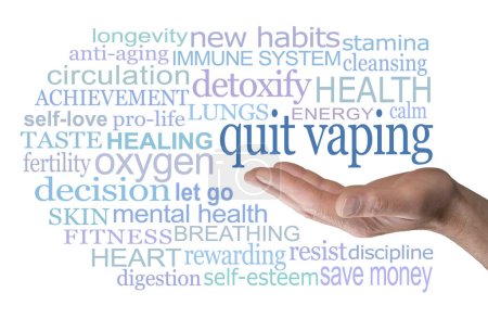 For your health's sake it is time to Quit Vaping Word Cloud - male hand open palm with the words QUIT VAPING above surrounded by a relevant word cloud on a white  background                               