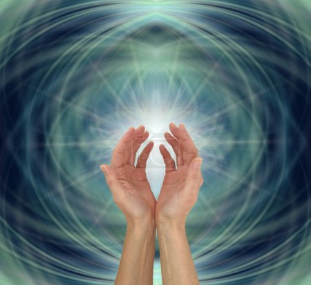 Matrix Energy Healing Hands Sensing star light - Dark blue deep teal green background with cupped female hands reaching up into star light formation with space for spiritual message                               