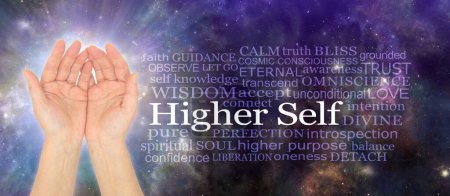 Higher Self Healing Word Cloud - female cupped hands beside a HIGHER SELF word cloud against a celestial cosmic night sky background ideal for a healers therapy room wall art canvas