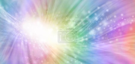Burst of rainbow coming from white light spiritual background - multicoloured flowing rainbow colours and white oval with sparkles ideal for a new year or birthday party invitation template