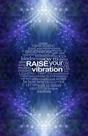 Photo for Raise Your Vibration Deep Blue Wall Art - circular RAISE YOUR VIBRATION word cloud relevant to spirituality with flowing sparkles above and below ideal for a therapy room wall art canvas - Royalty Free Image