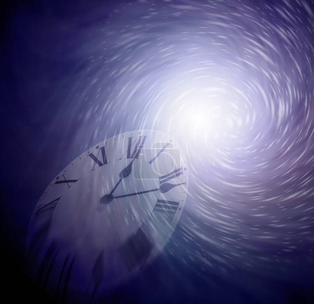 Photo for Time spiraling away concept background - faint clock face at 12 minutes past 12 being sucked into white vortex on dark blue background - Royalty Free Image