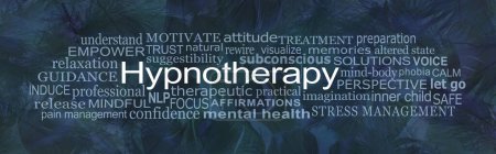 Words Associated with Hypnotherapy Word Cloud - Dark blue feathered background with a tag cloud of positive and negative words around the word HYPNOTHERAPY 