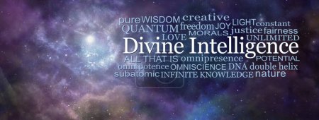 Téléchargez les photos : Divine Intelligence Cosmic Word Nuage Wall Art - Nébuleuse dans l'espace profond Arrière-plan à côté d'un nuage de mots DIVINE INTELLIGENCE - en image libre de droit